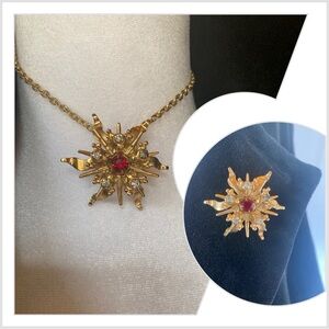 Vintage Mid Century Pendant doubles as Brooch with Red and White Rhinestones